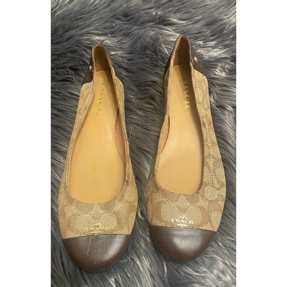 Coach Chelsea Tan Brown Leather & Canvas Logo Slip On Ballerina Ballet Flat 8.5 - Picture 1 of 4